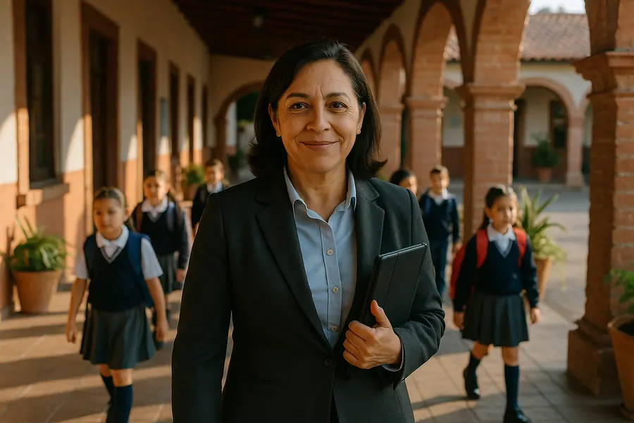 Una directora camina por el pasillo de su escuela a la hora de entrada